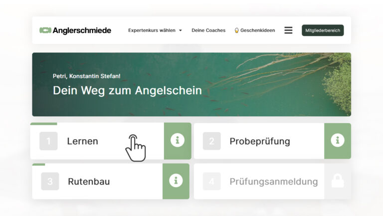 Übersicht im Mitgliederbereich des online Angelschein-Kurs