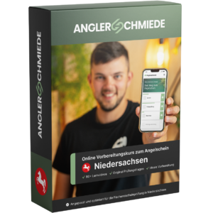 Produktbox des Online-Angelscheinkurses Niedersachsen von Anglerschmiede – optimale Vorbereitung auf die Fischerprüfung mit flexiblem Online-Lernen